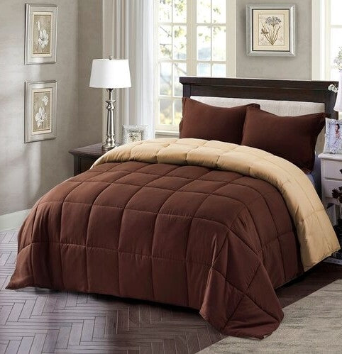Traditional Bedroom design featuring a cozy brown and beige comforter set on a neatly made bed.