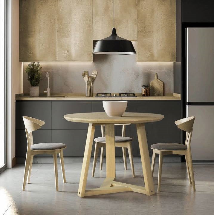 Scandinavian Kitchen featuring a round wooden table and modern chairs in a sleek design.