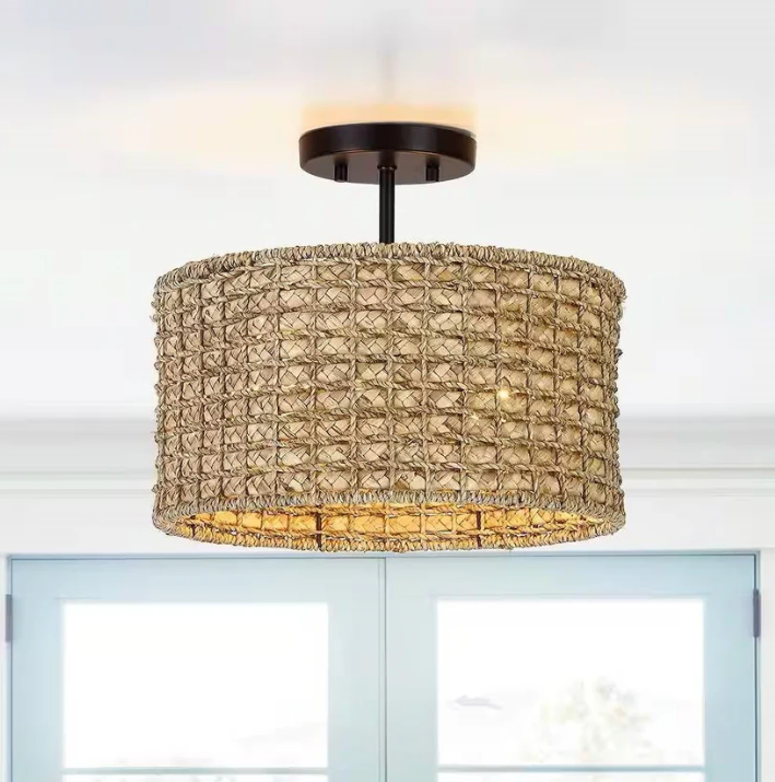 Boho Kitchen pendant light with woven natural fiber shade illuminating a modern space.