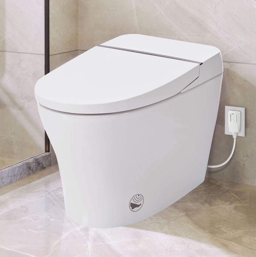Modern white toilet with bidet functionalities in a stylish bathroom setting, showcasing Toilets and Bidets.