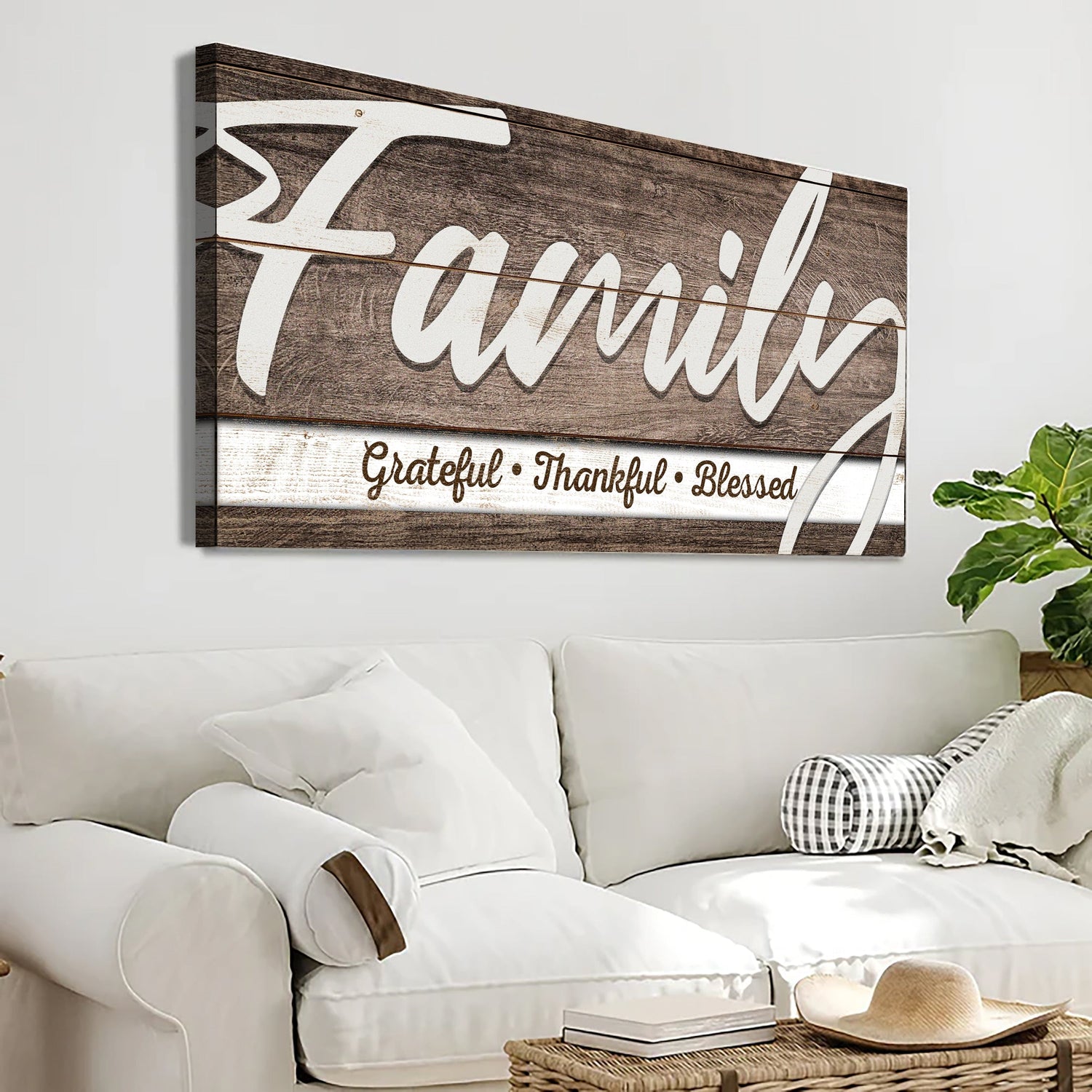 Inspirational Wall Art with 'Family' and words Grateful, Thankful, Blessed on wooden background.