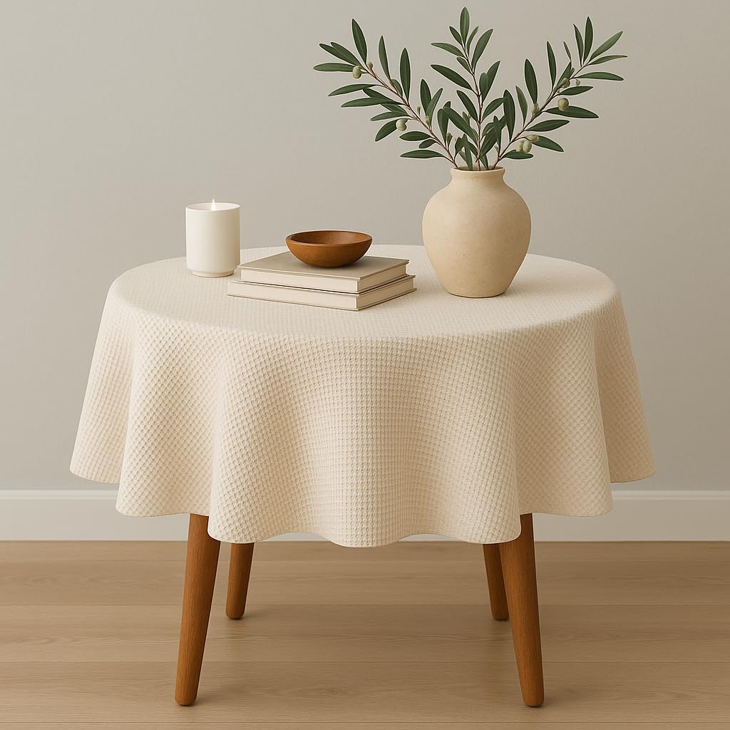 Elegant table set with a beige tablecloth, a candle, a wooden bowl, and a vase with leaves, showcasing Tablecloths.