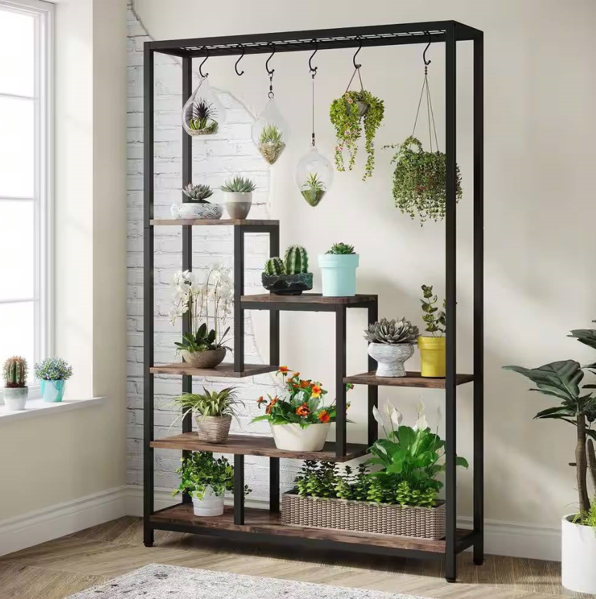 Industrial Garden shelving unit with various plants, showcasing modern decor and greenery.
