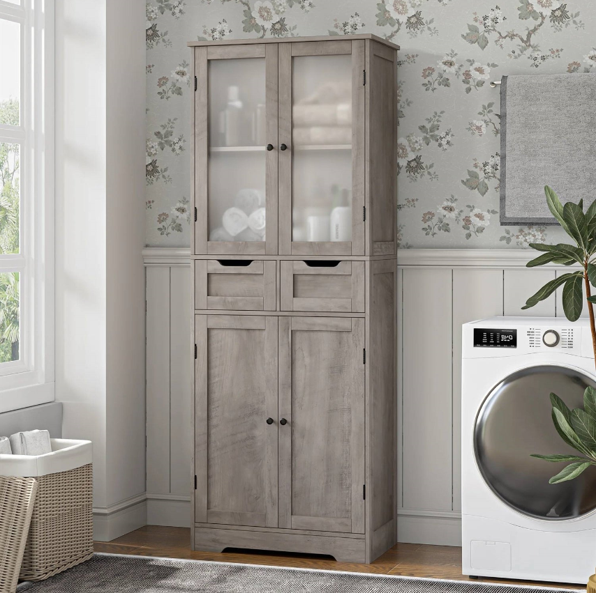 Farmhouse Bathroom cabinet furniture with storage, neutral colors and floral wallpaper.