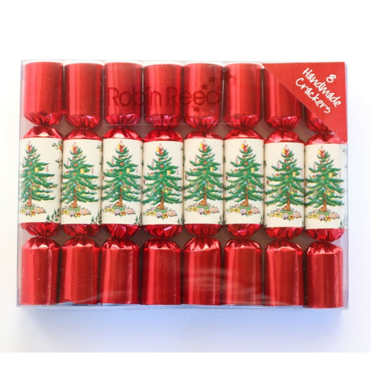 Party Crackers box with red and green Christmas-themed designs, containing 8 handmade crackers.