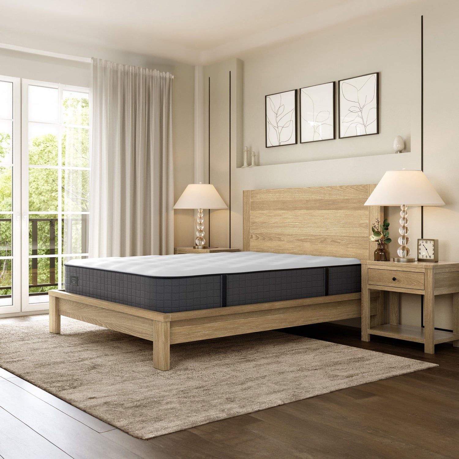 King and California King Mattresses displayed in a modern bedroom setup with wooden furniture and natural light.