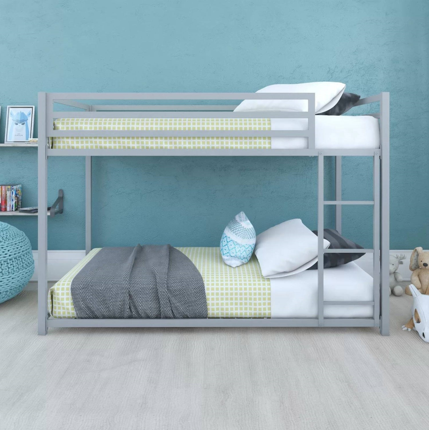 Modern Kids' Bedroom featuring a stylish gray bunk bed with a minimalist design and colorful bedding.