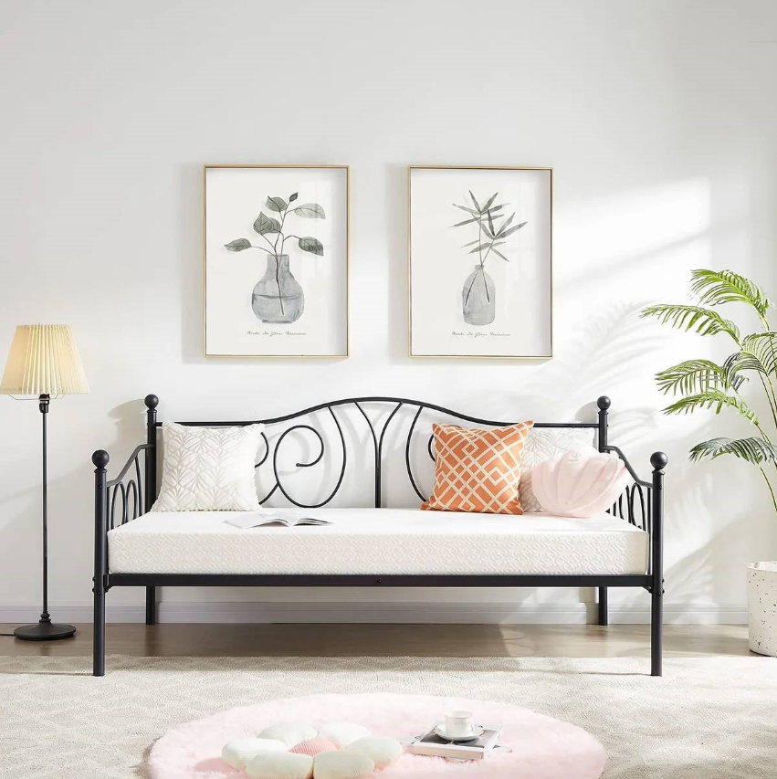 French Country Living Room featuring a daybed, decorative pillows, and framed botanical art on the wall.