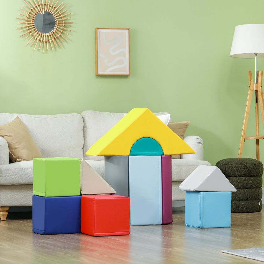 Colorful building toys arranged in a living room, promoting creativity and play.