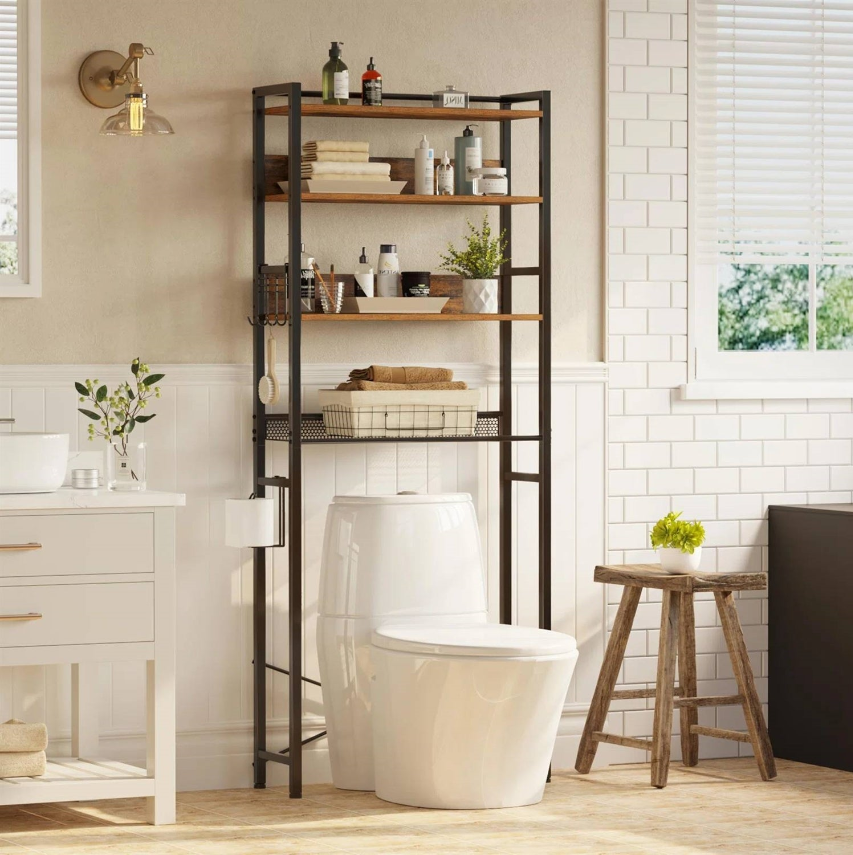 Bathroom Shelving unit with wooden shelves and decorative items in a modern bathroom setting.