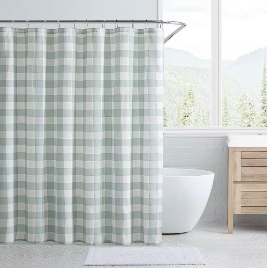 Stylish shower curtain in a Classic Bathroom with a modern design and a serene outdoor view.