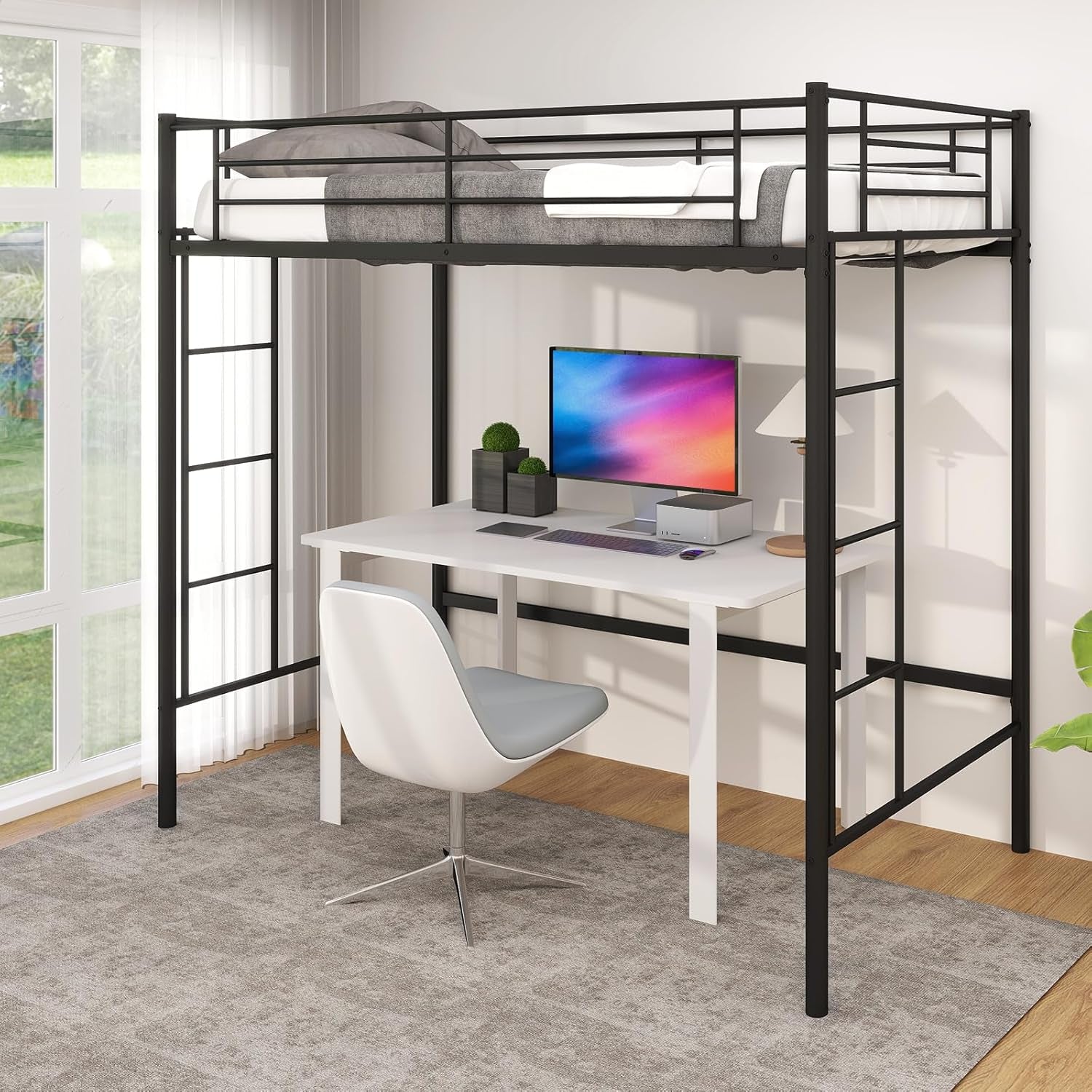 Loft Beds with a desk and chair, perfect for maximizing space in a modern bedroom or office.
