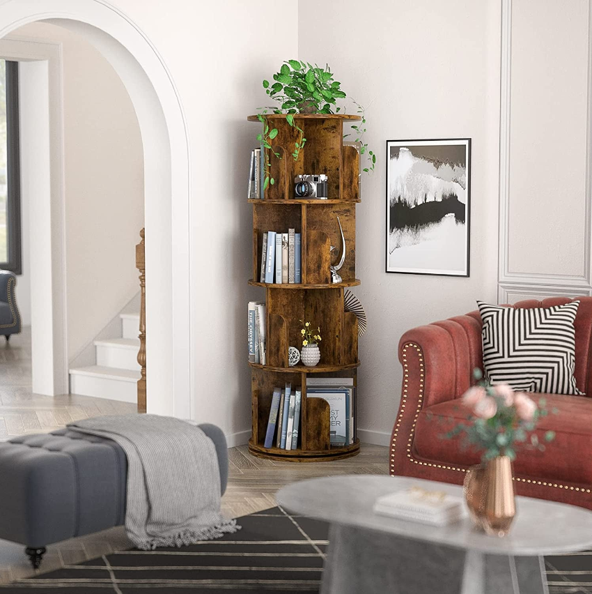 Stylish rotating bookcase in a cozy living room, showcasing books and decor, enhancing interior design with rotating bookcases.