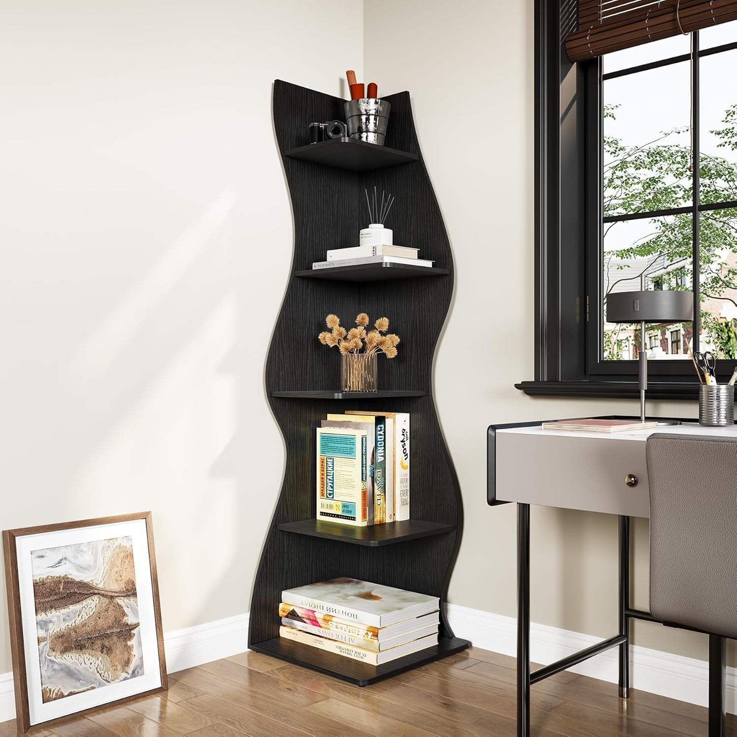 Stylish Corner Bookcases in a modern home office setting with decorative items and books on display.