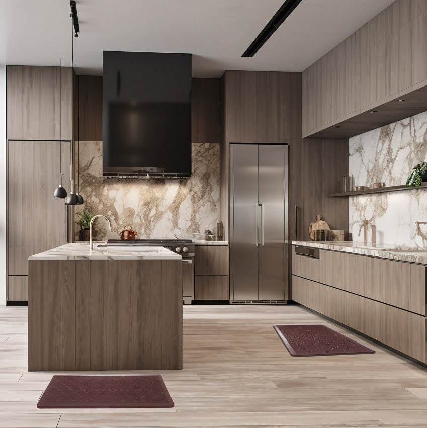 Modern kitchen featuring stylish Kitchen Mats placed on a sleek wooden floor with an elegant design.