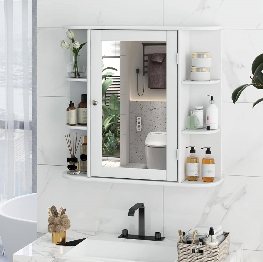 Modern medicine cabinets with a sleek design, featuring shelves for toiletries and a mirror, enhancing bathroom storage.