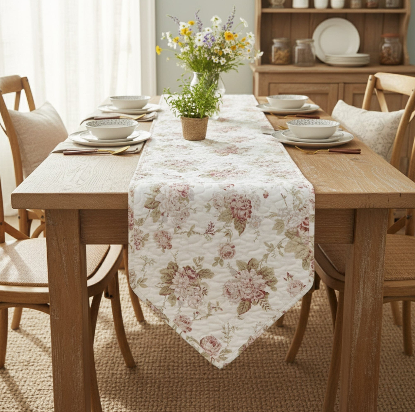 French Country Dining Room featuring a floral table runner and rustic wooden dining table.