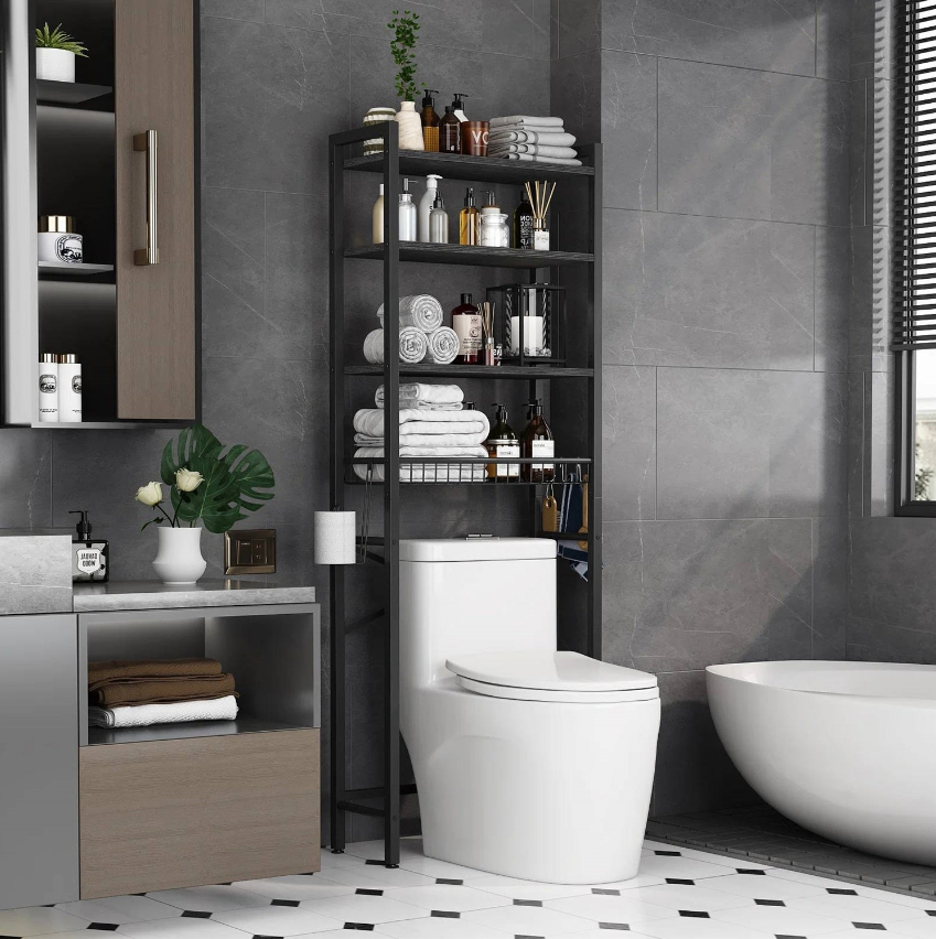 Stylish Industrial Bathroom featuring modern shelves, toiletries, and a clean aesthetic.