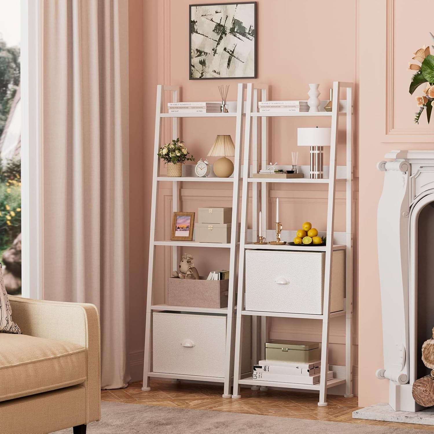 Ladder Bookcases featuring a modern design in a stylish living room setting with decorative items.