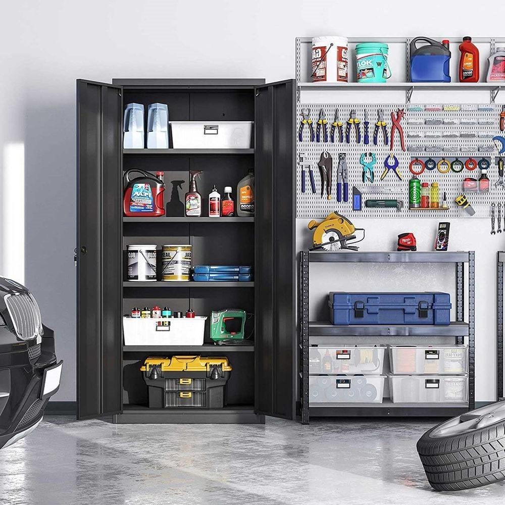 Garage Storage solutions with organized shelves, tools, and storage bins in a garage setting.