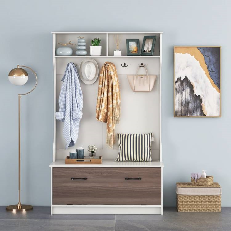 Coastal Foyer entryway storage solution with hooks and decorative elements for a stylish look.