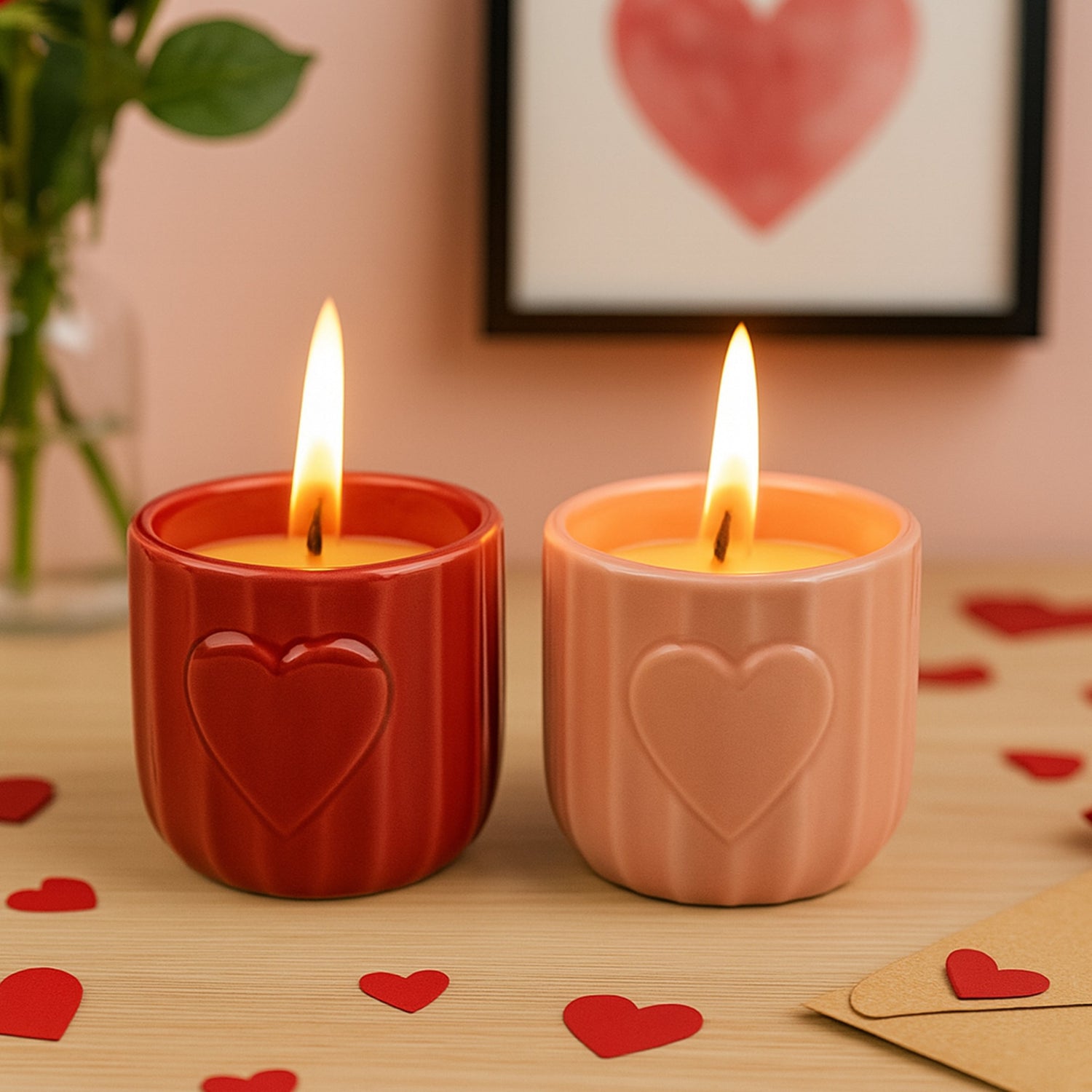Valentine's Day Décor and Gifts featuring heart-shaped scented candles in red and pink.