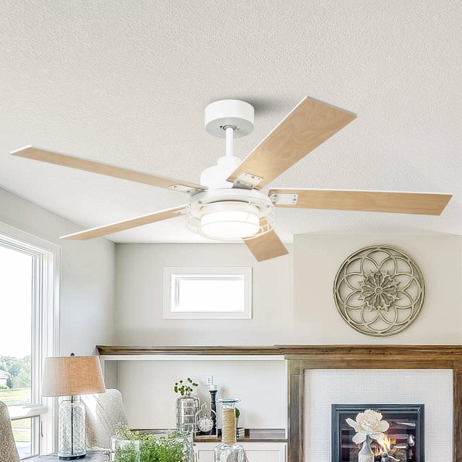 Modern white ceiling fan with wooden blades in a stylish living room interior, featuring ceiling fans.