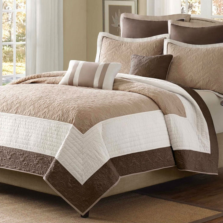 Elegantly designed Full and Queen Bed Linens featuring a quilted pattern in neutral tones.