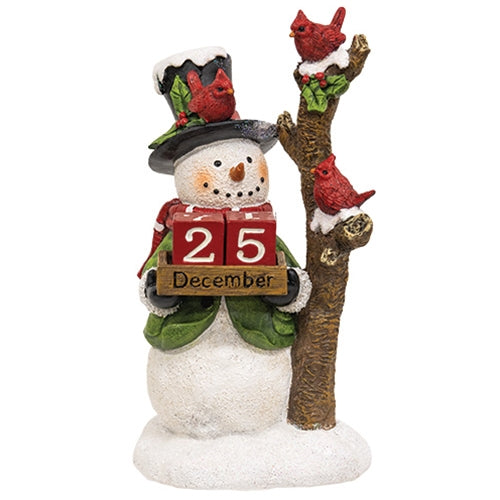 Adorable snowman holding a sign with December 25, surrounded by cardinals in a festive winter scene. Snowmen decor.