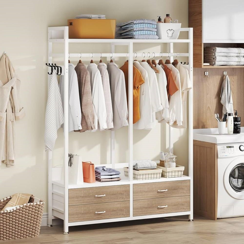 Garment Racks displaying various clothes and storage baskets in a stylish home environment.