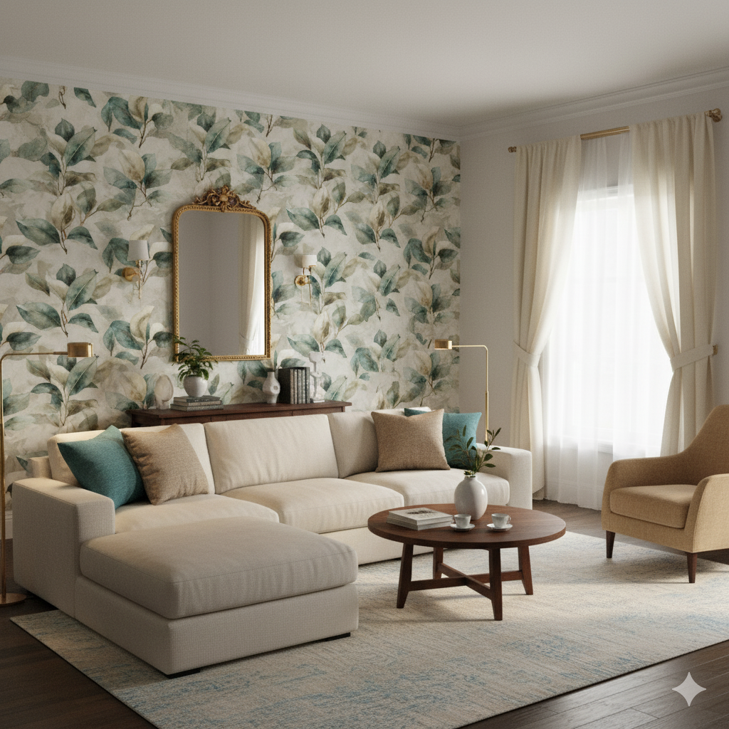 Cozy living room featuring beautiful wallpaper with botanical designs.