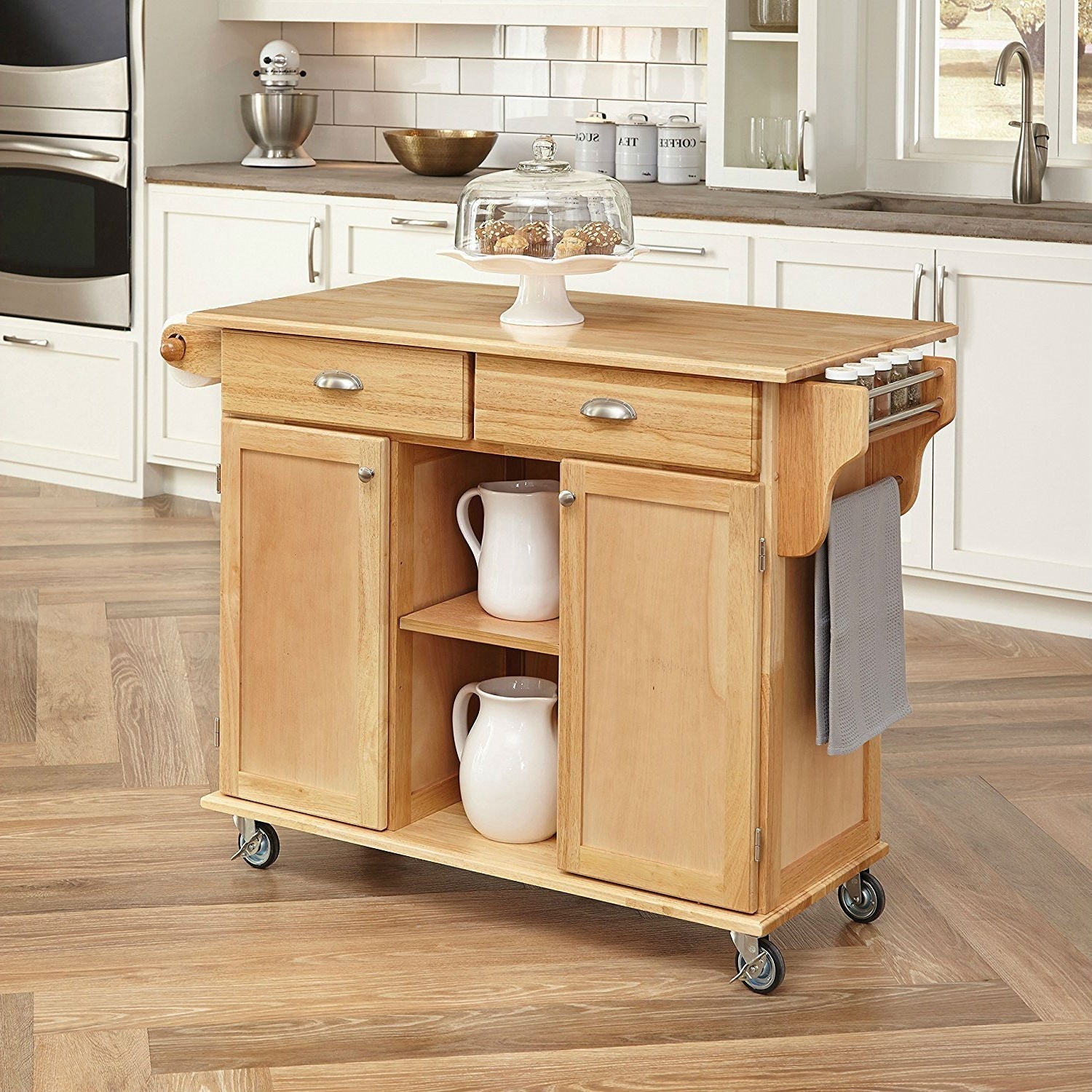 Stylish kitchen cart with drawers and shelves, ideal for storage and prep in the kitchen. Kitchen Carts.