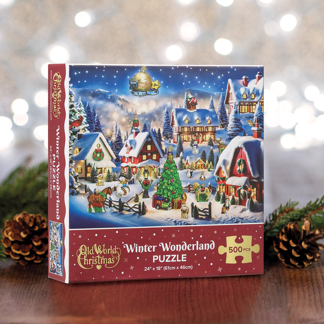 Christmas themed Winter Wonderland puzzle box featuring a festive village scene with 500 pieces.