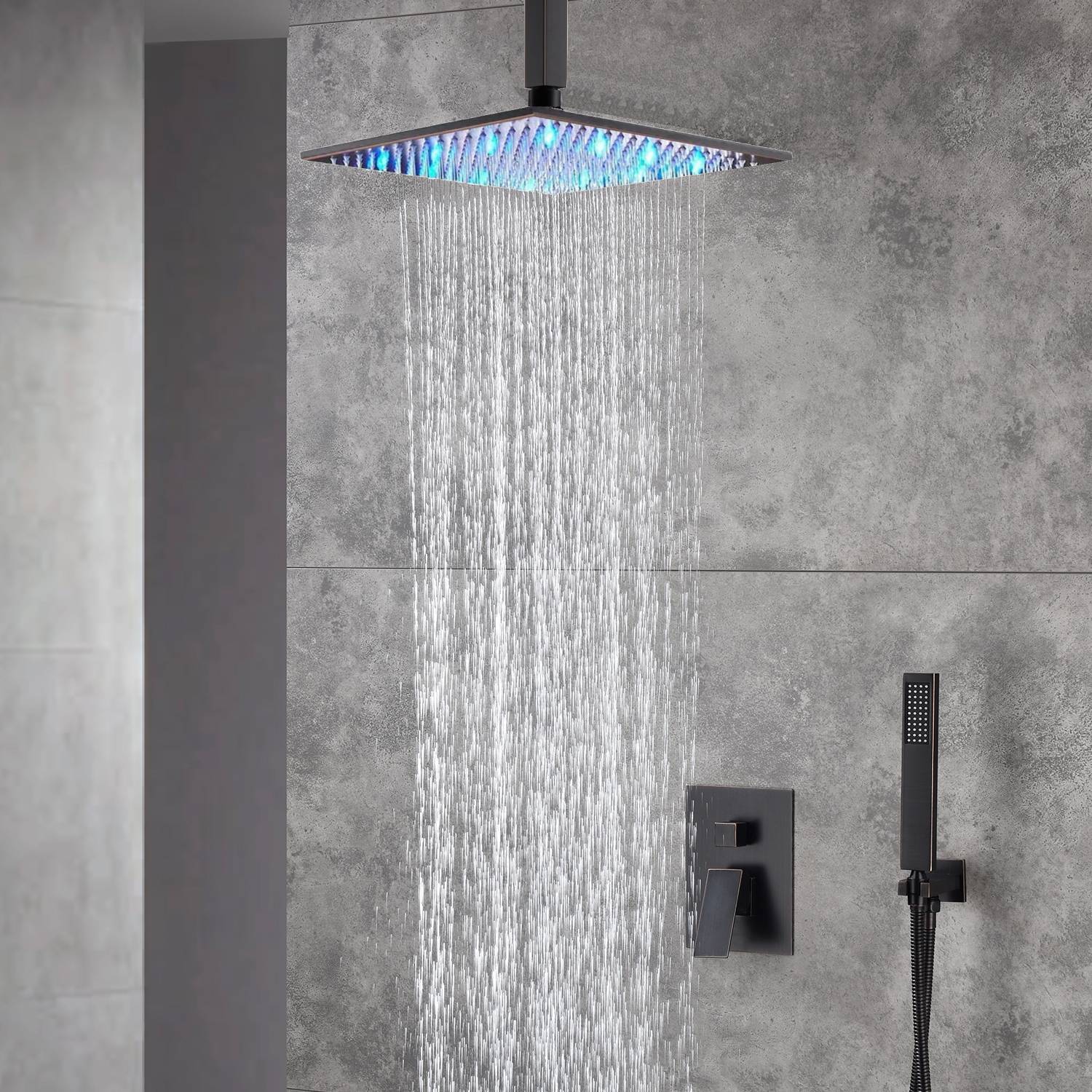 Modern shower head with LED lights providing a luxurious shower experience in a stylish bathroom.