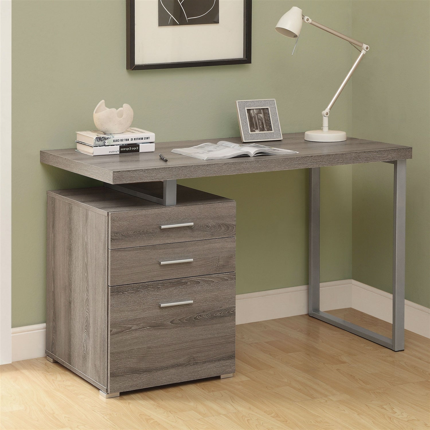 Modern wooden desk with lamp and storage drawers, showcasing stylish and functional Desks.
