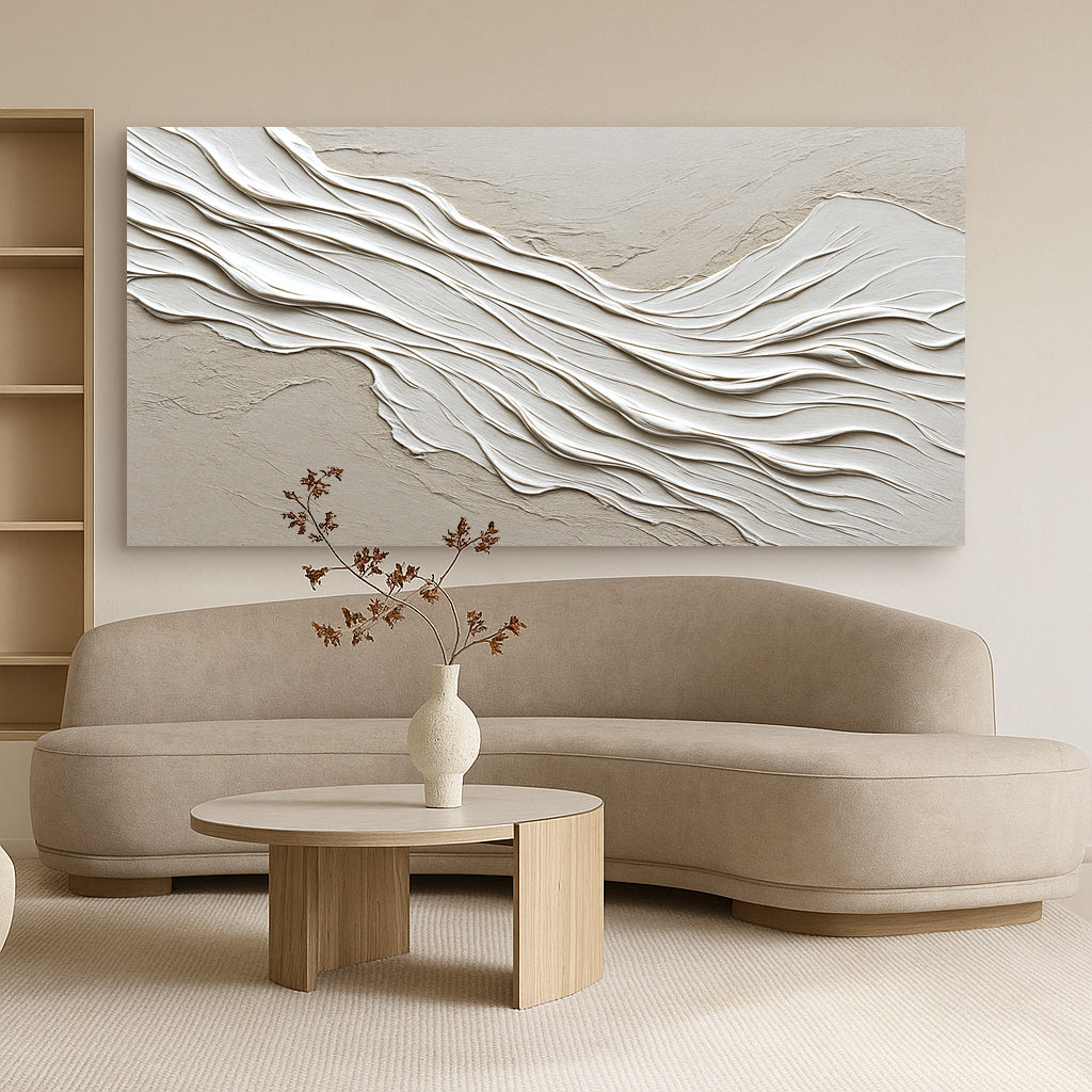 Elegant Abstract Wall Art featuring textured waves displayed above a modern sofa in a stylish living room.