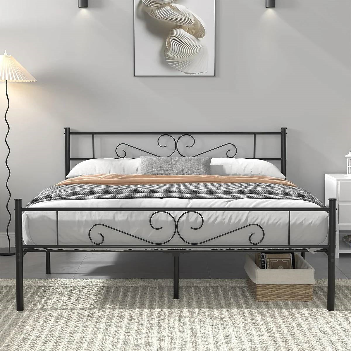Elegant black metal bed frame showcasing King and California King Beds in a minimalist bedroom setting.