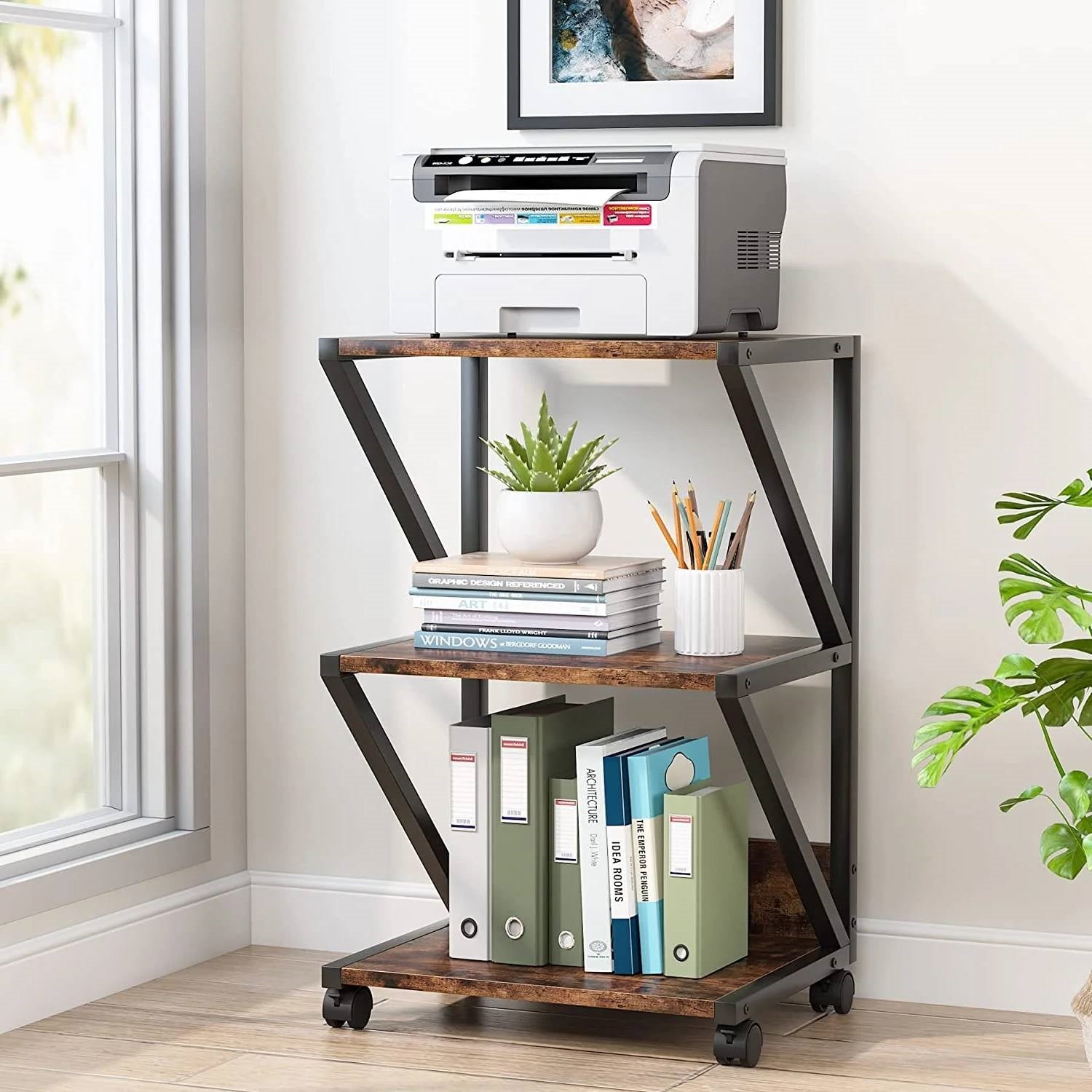 Printer Stands and Carts featuring a stylish printer stand with shelves and a printer.