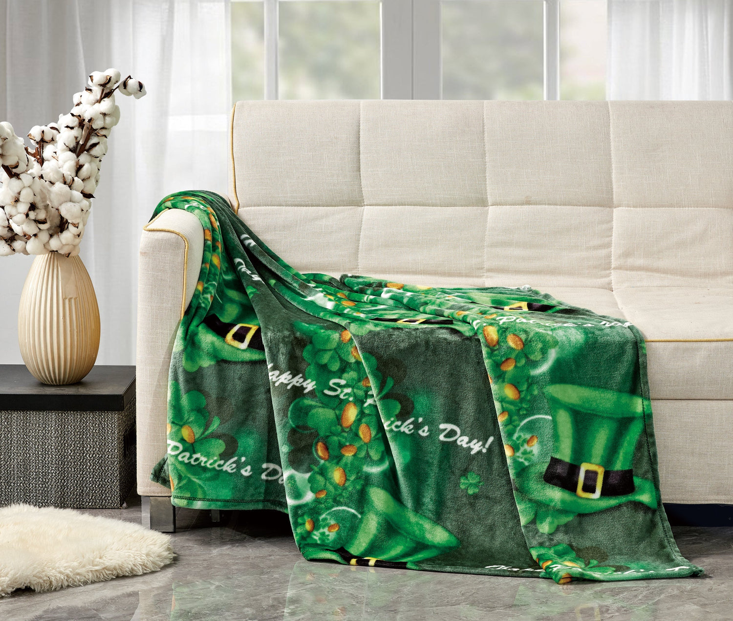 Cozy green blanket with 'Happy St. Patrick's Day!' design, perfect for St. Patrick's Day Décor and Gifts.