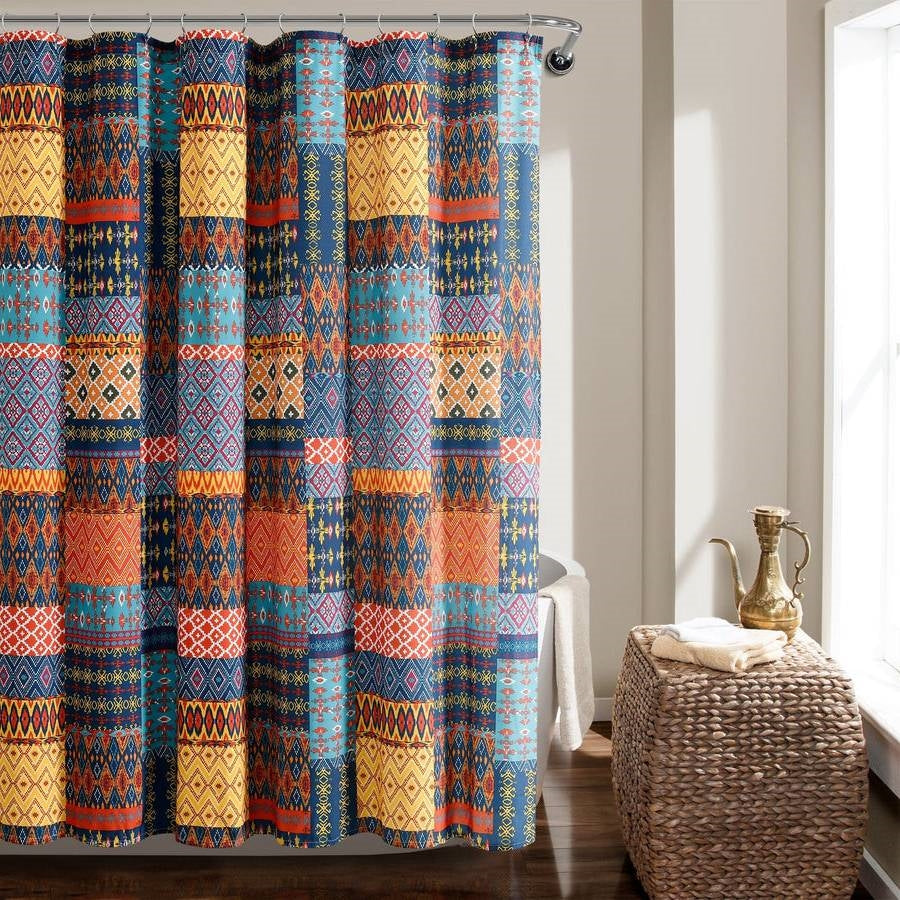 Boho Bathroom shower curtain with vibrant patterns and colors in a stylish bathroom setting.