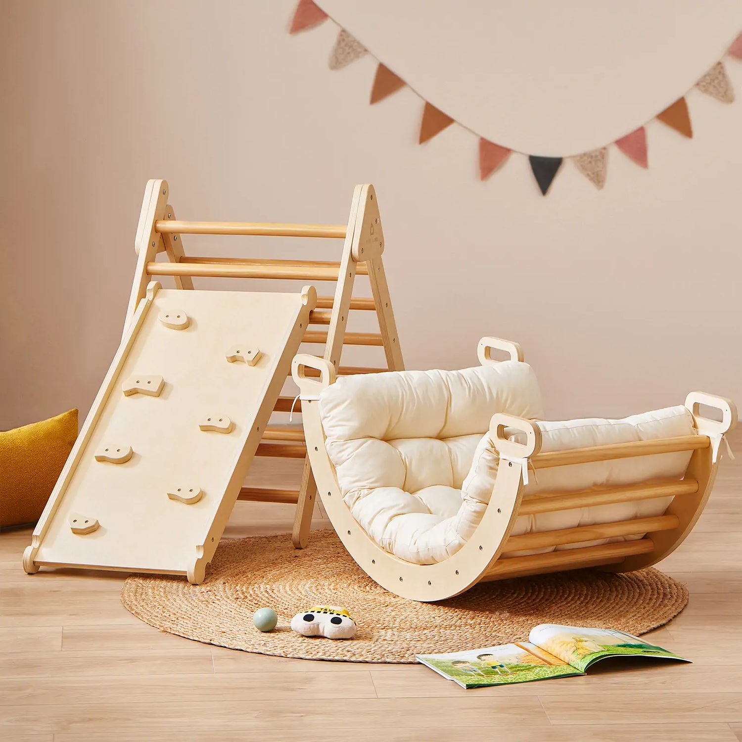 Montessori Furniture featuring a wooden slide and a soft cushioned rocking seat for children's playroom decor.