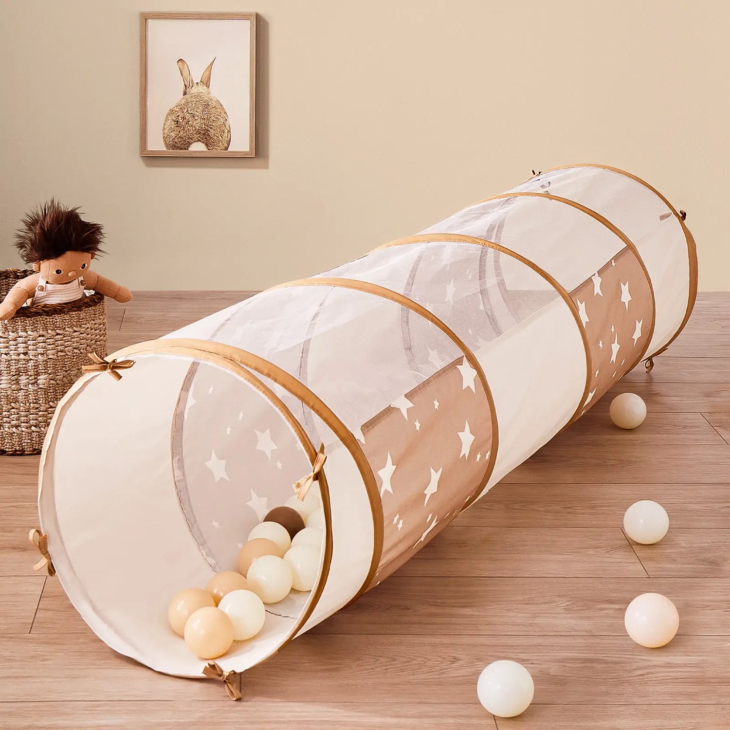 Play Tunnels and Ball Pits featuring a mesh tunnel with colorful balls, perfect for playtime fun.
