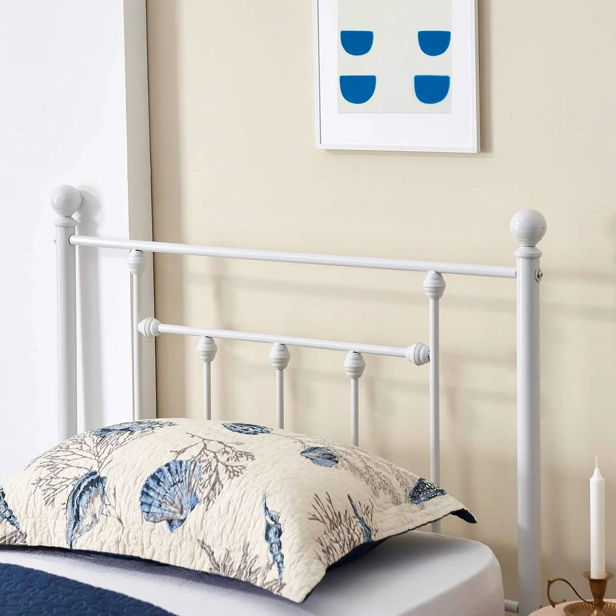 Twin and Twin XL Headboards with a white metal design and coastal-themed bedding in a cozy bedroom setting.