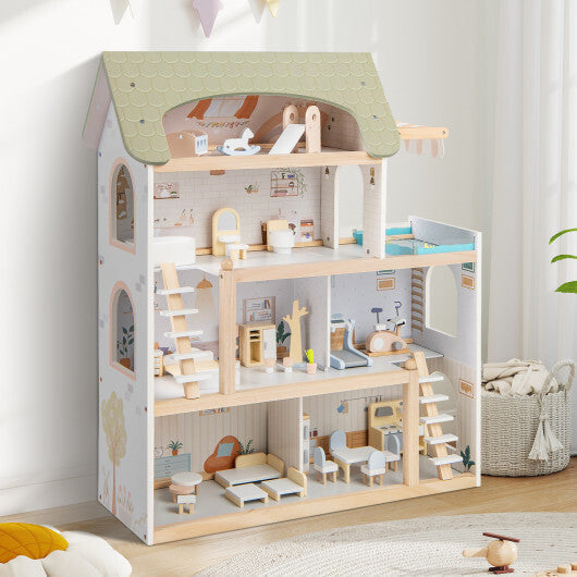 Dollhouses featuring a beautifully designed wooden dollhouse with multiple rooms and furniture.