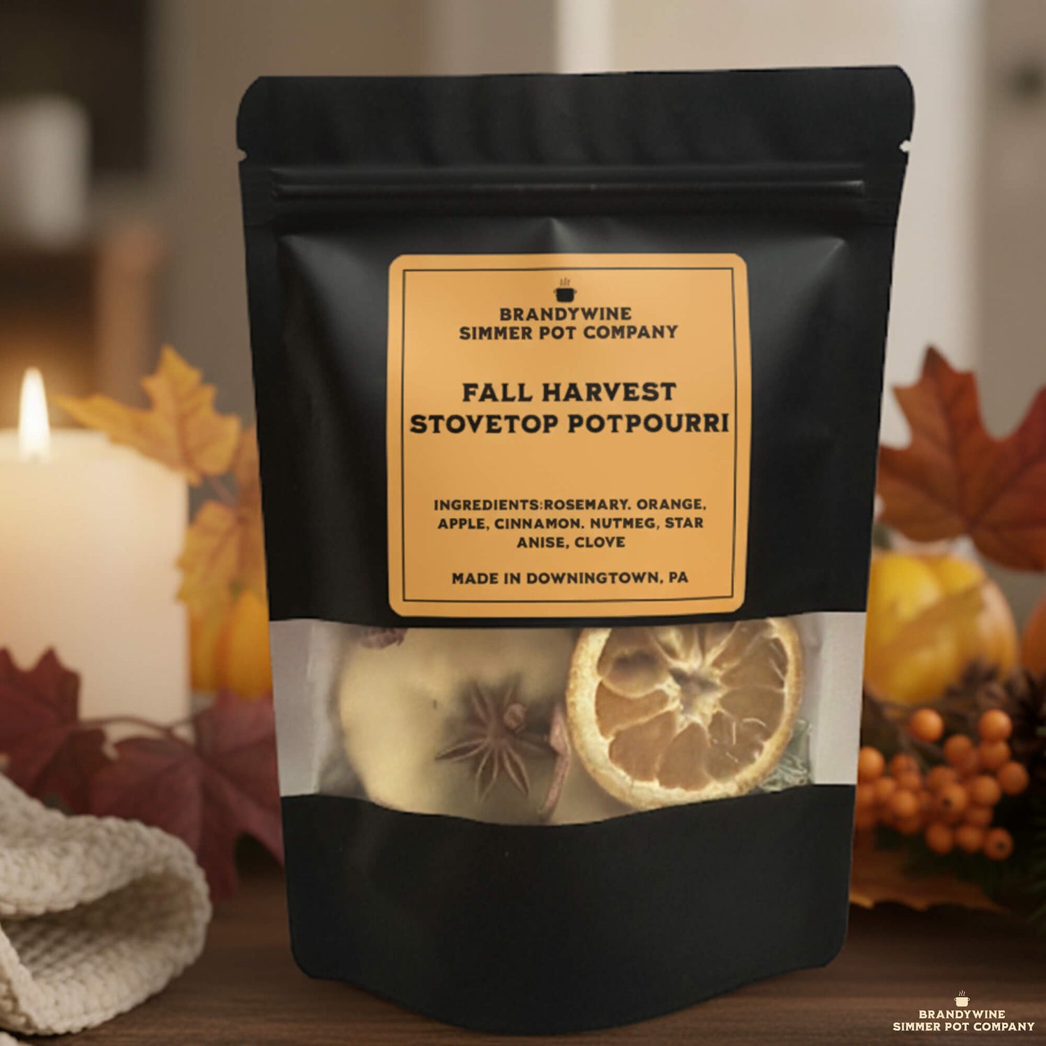Simmer Pot Potpourri: Brandywine Simmer Pot Company Fall Harvest Stovetop Potpourri with ingredients including rosemary and orange.