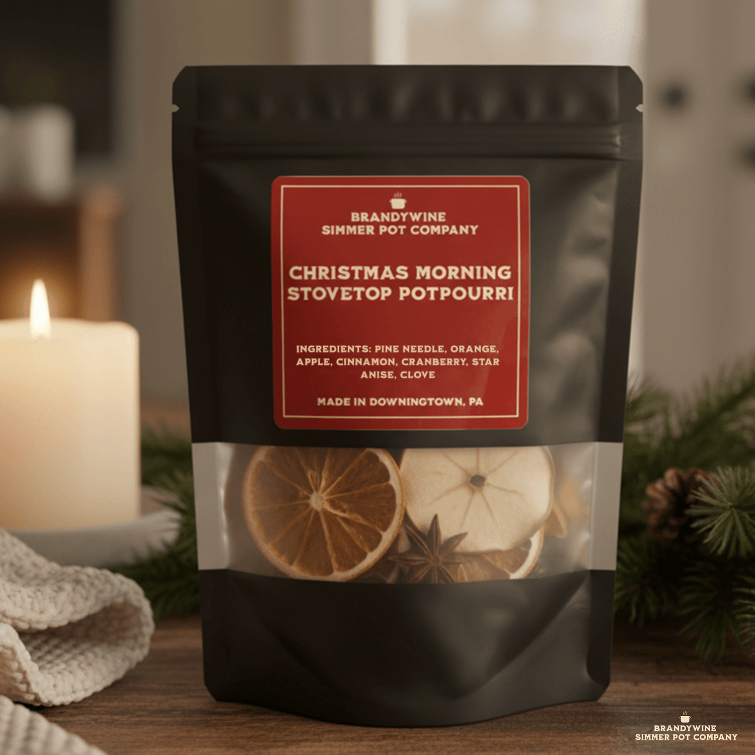 Christmas Aromas with Brandywine Simmer Pot Company Christmas Morning Stovetop Potpourri packaging, featuring seasonal ingredients.