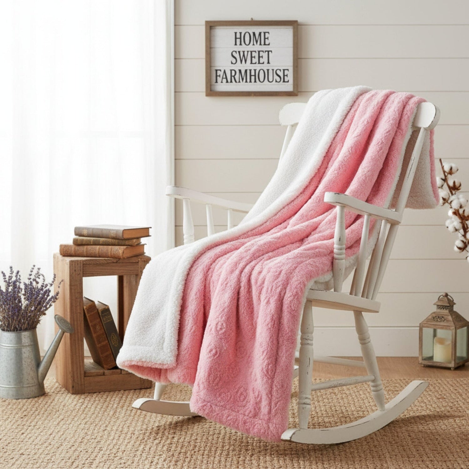 Cozy pink and white blanket draped over a rocking chair in a Farmhouse Nursery settings.