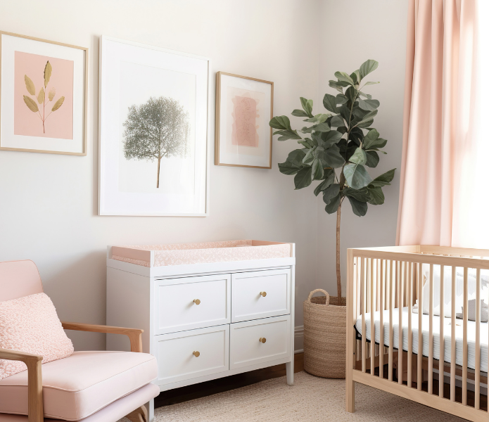 Classic Nursery featuring a stylish crib, changing table, and decorative elements in soft pastel colors.