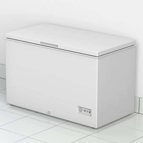 White chest freezer displayed on a tiled floor, ideal for storing frozen foods.