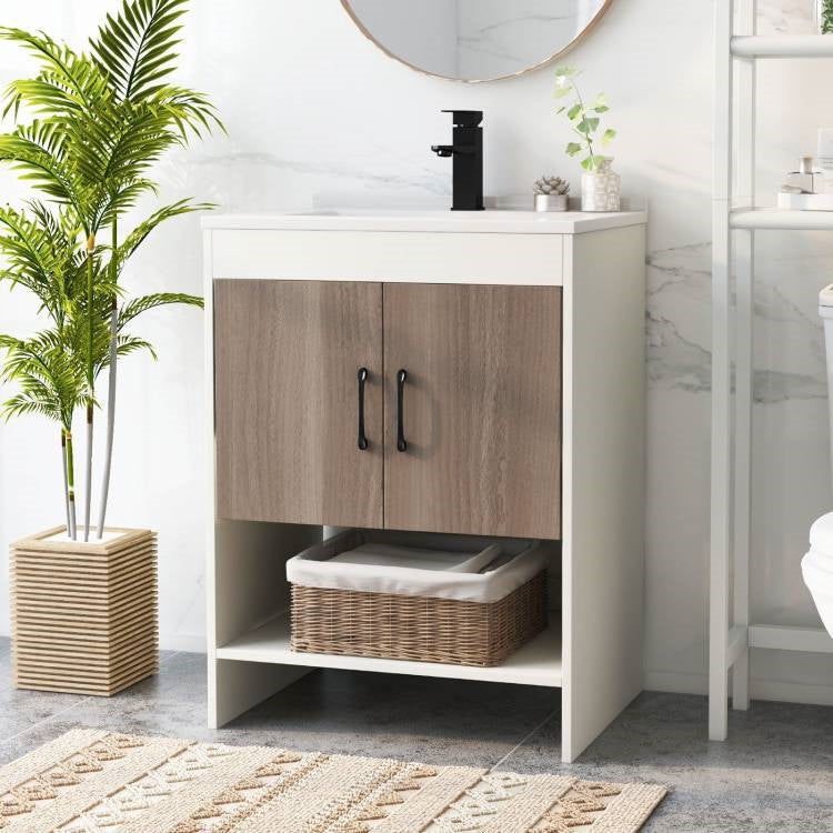 Stylish Bathroom Vanities featuring a modern cabinet with a sleek faucet and decorative plants.